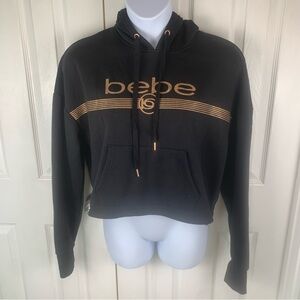 Bebe Sport Women’s Black Hoodie Sweatshirt Pullover Gold BEBE LOGO‎ Size XL EUC